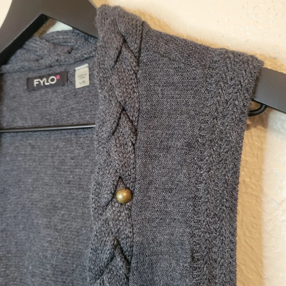 FYLO Open Front Cardigan Vest Sweater Braided Hem Asymmetrical Grey Large‎ - Picture 4 of 15